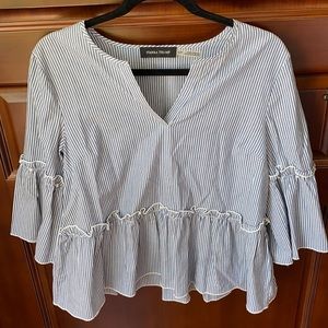 Ivanka Trump Blue & White Striped Bell Sleeve Top